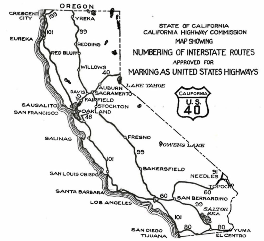Map showing interstate routes approved for marking as United States highways in California.