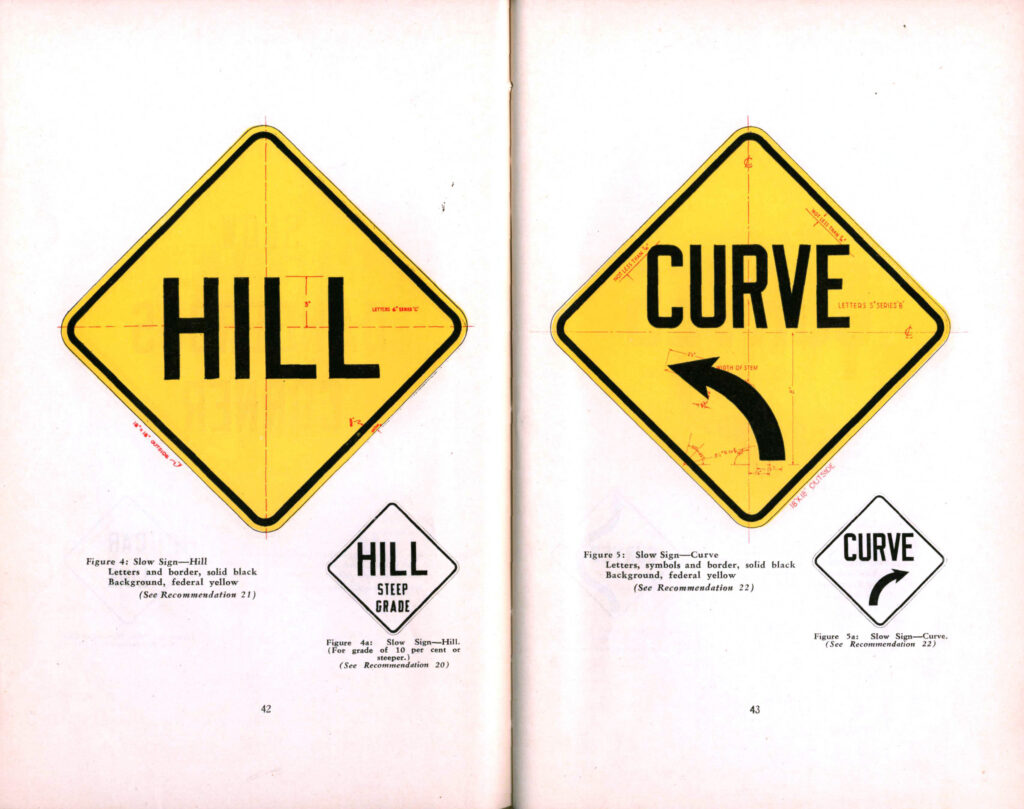 Yellow hill and curve warning sign examples from the 1930 manual.