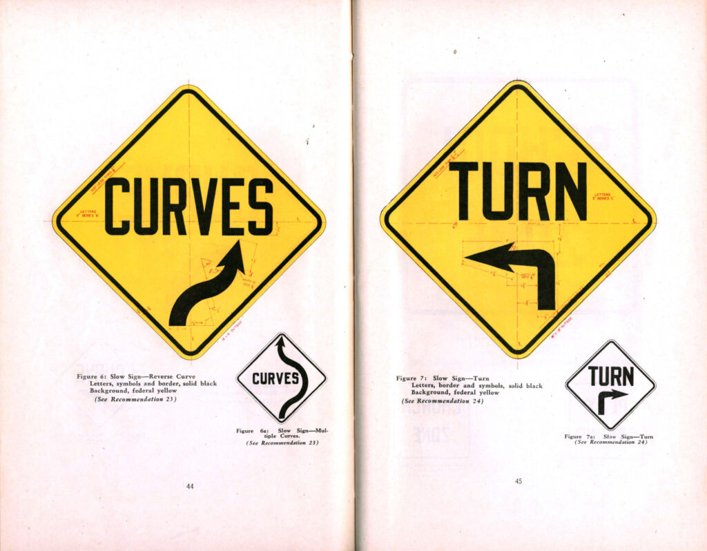 Yellow warning sign examples for curves and turns from the 1930 manual.