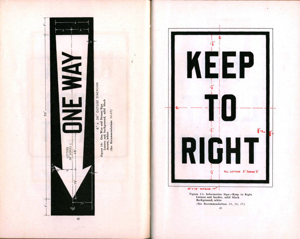 One Way and Keep to Right sign examples from the 1930 manual.