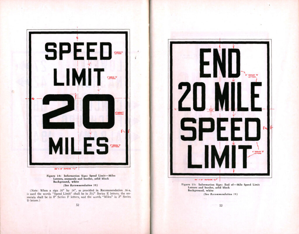 Speed Limit and End Speed Limit sign examples from the 1930 manual.