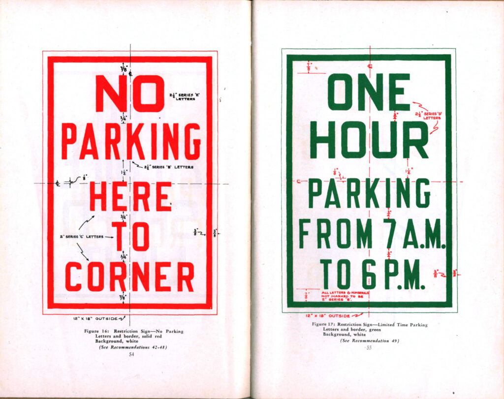 Red and green parking regulation signs from the 1930 manual.