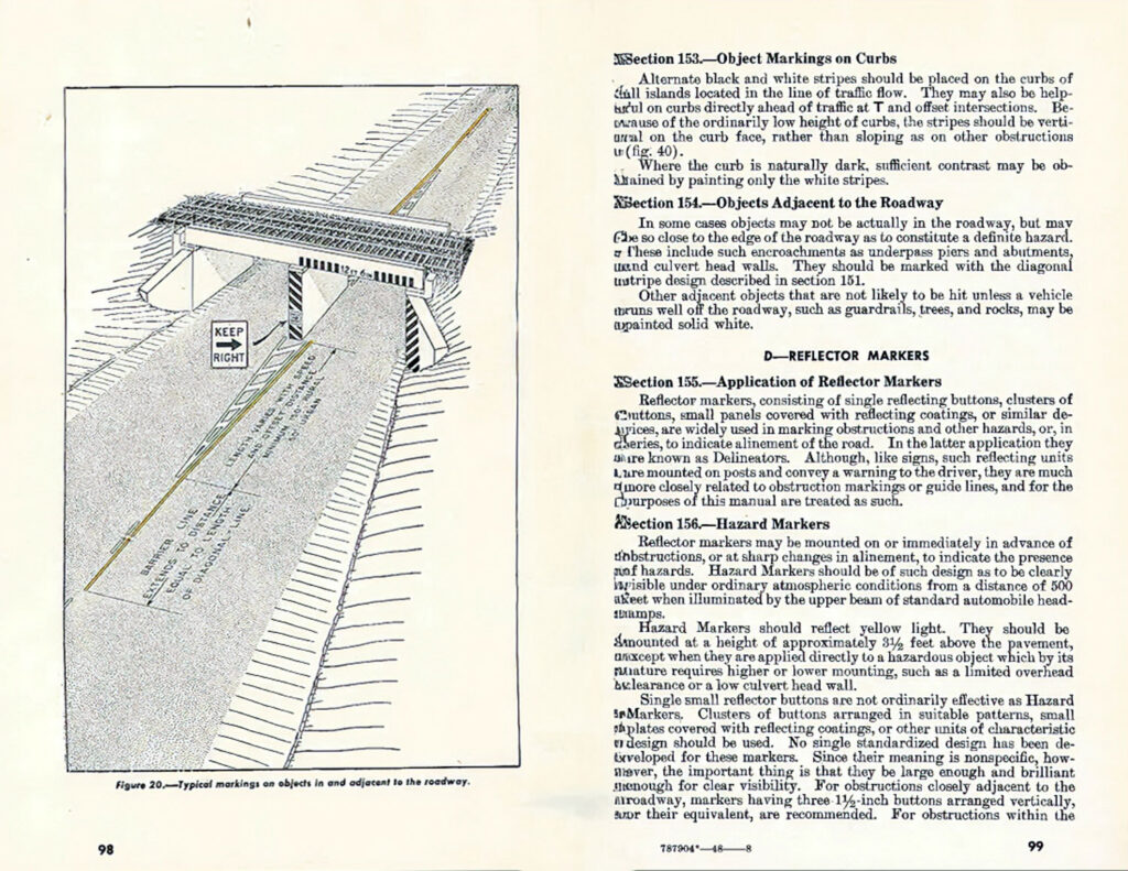 A 1948 road marking page showing roadway placement diagrams and explanatory text.