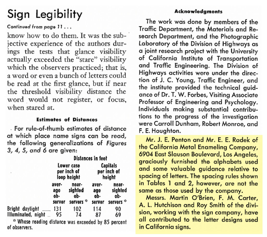Credits naming the contributors to the 1951 Sign Legibility article