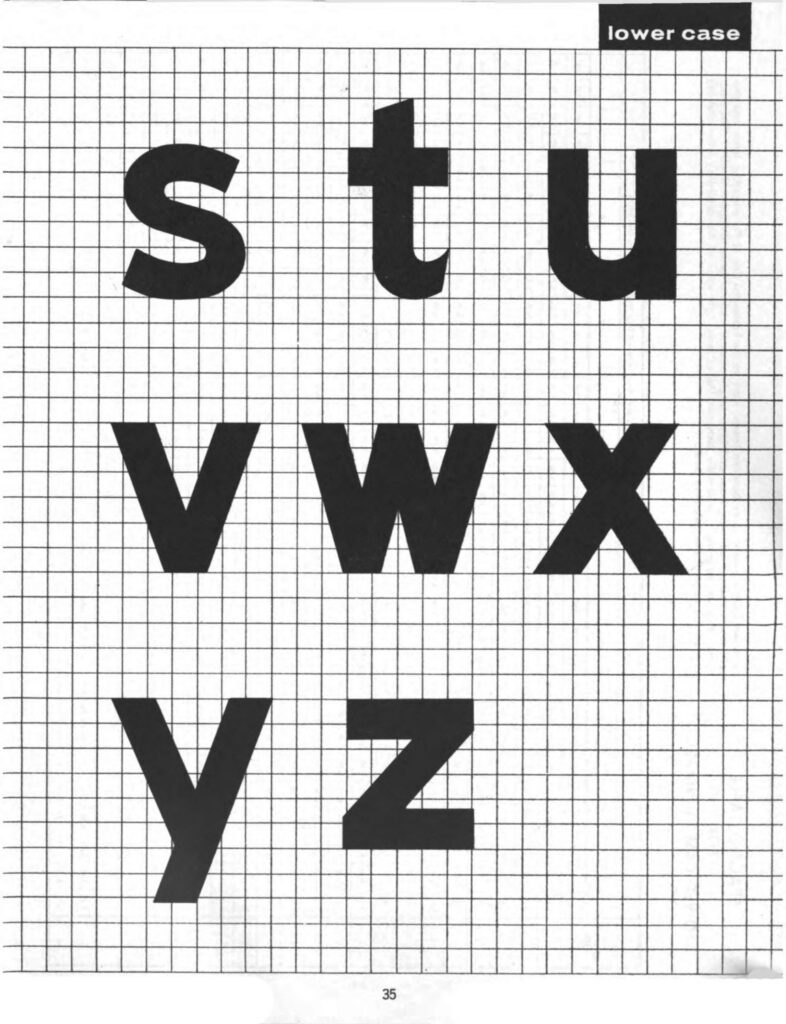 1966 Standard Alphabets plate showing lowercase s, t, u, v, w, x, y, and z on a construction grid.