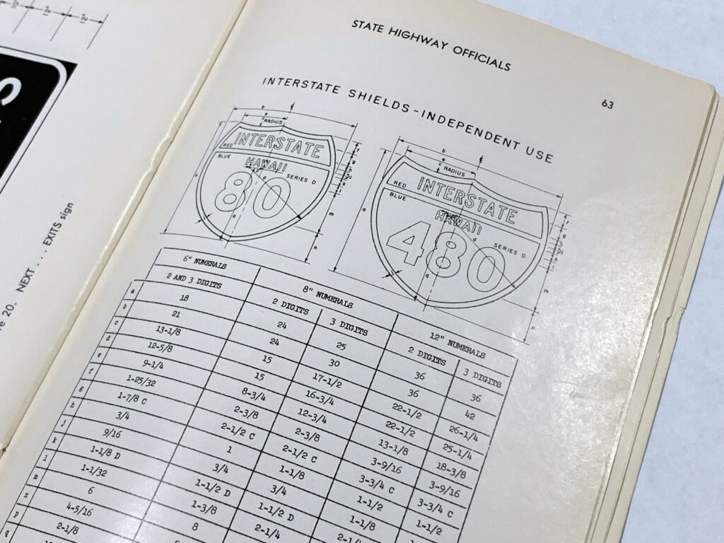 Manual page showing route shield lettering and dimension tables.