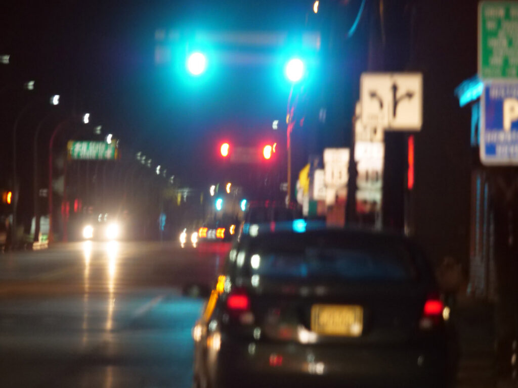 A route sign appears beside a nighttime traffic signal and street traffic.