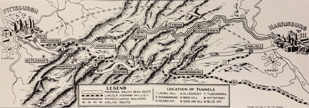 Illustrated map of the Pennsylvania Turnpike route, exits, and tunnels.