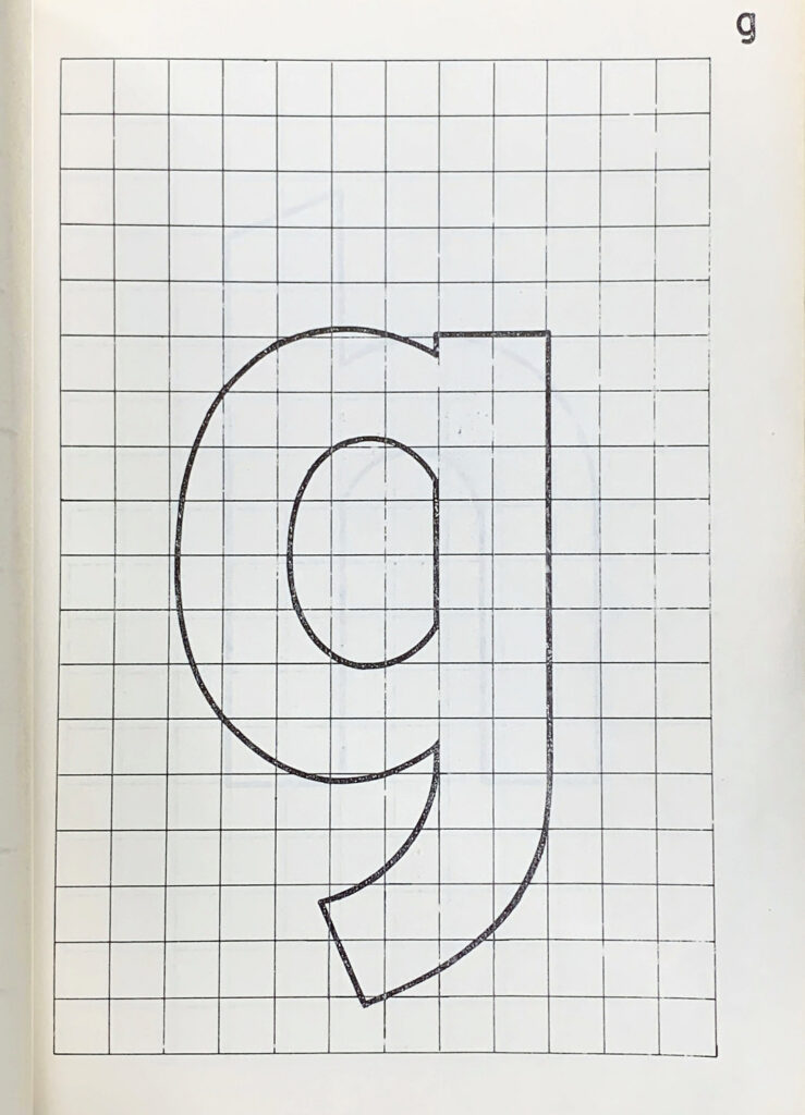 Construction drawing of lowercase g from the Standard Alphabets.