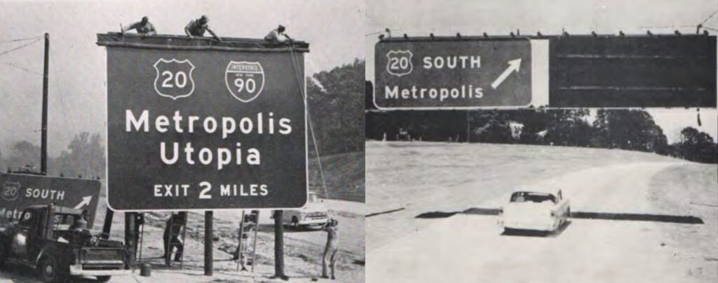 Metropolis and Utopia highway sign color test photograph.