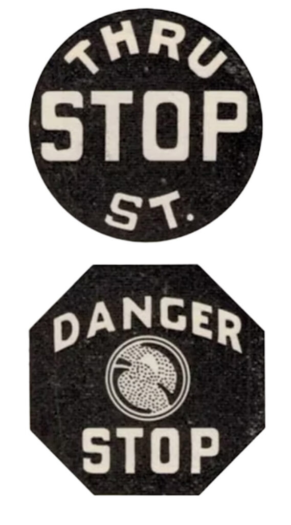 Two black early stop sign designs.