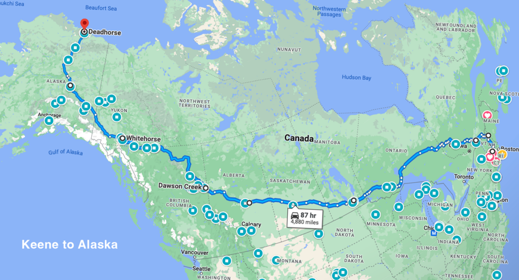 Map of the research driving route from Keene to Alaska