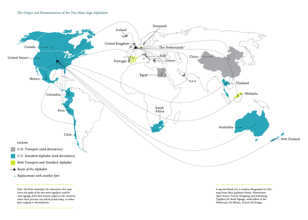 World map comparing international traffic-sign systems