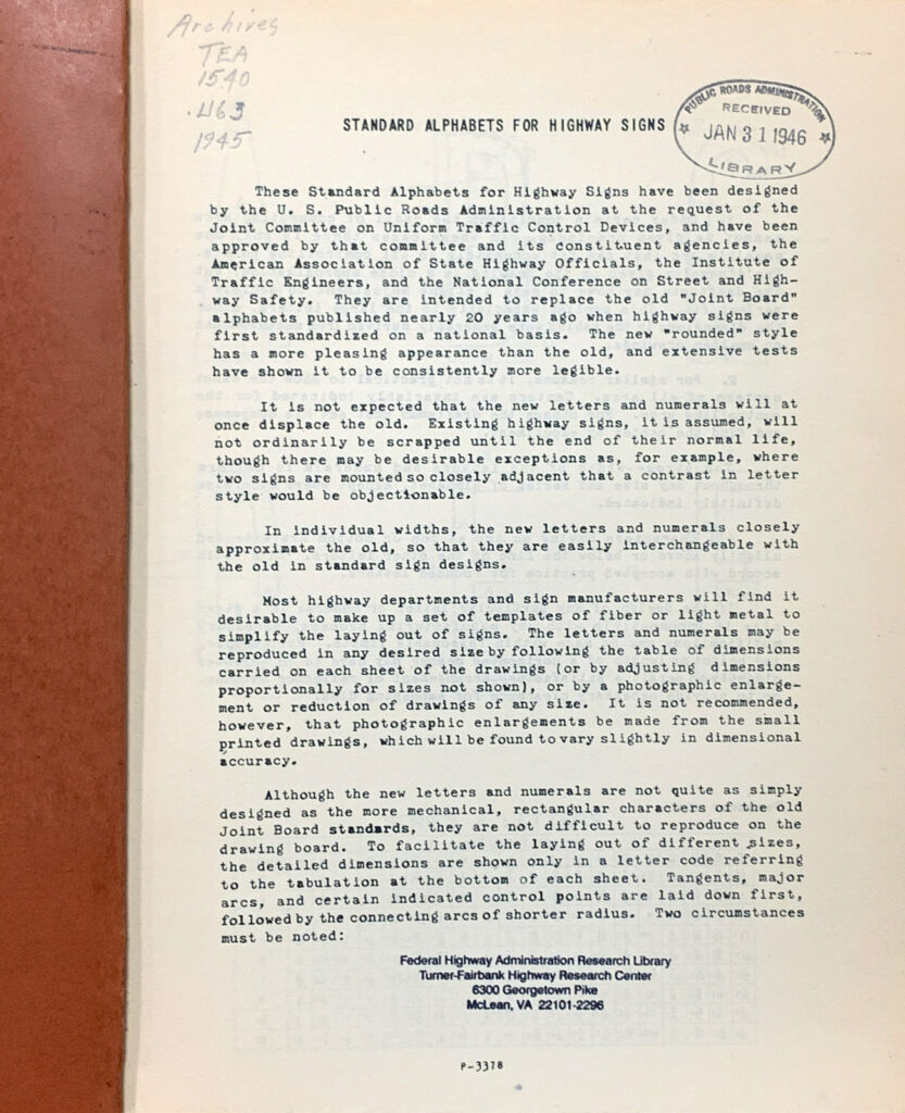 Opening page of the 1952 Standard Alphabets for Highway Signs document