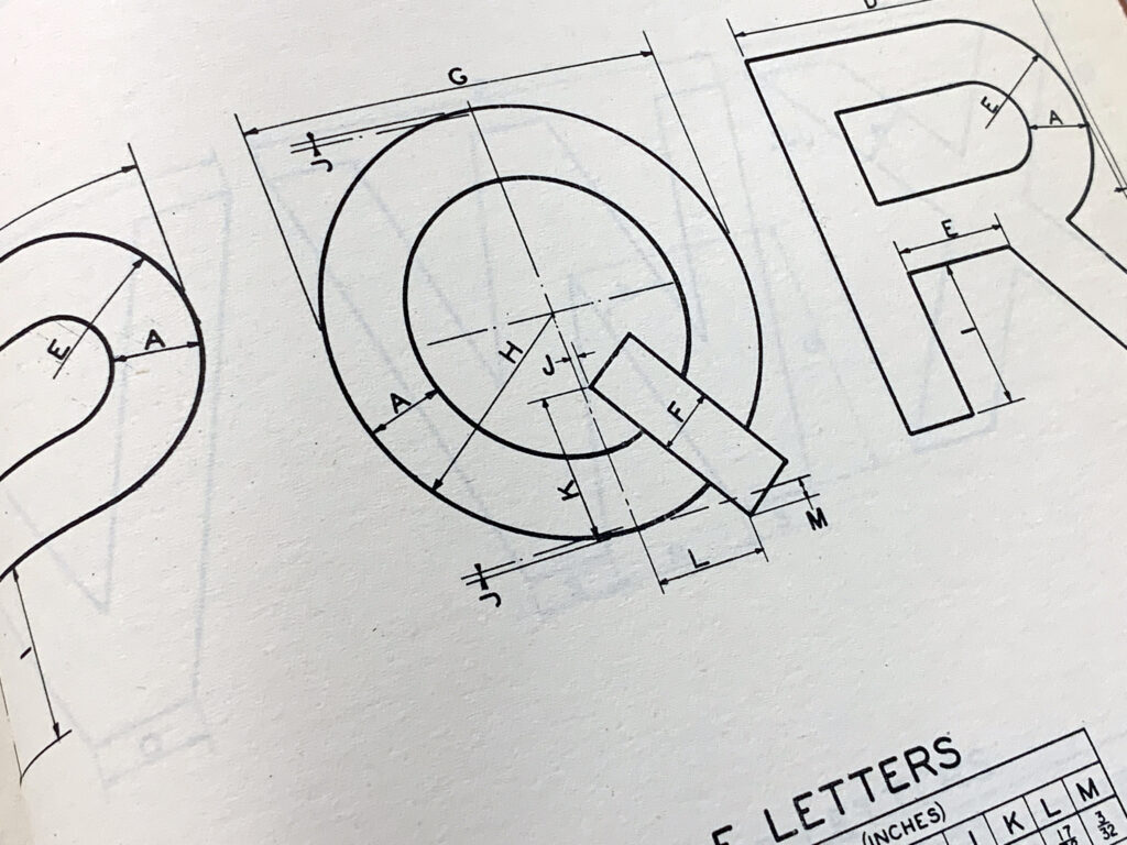 Engineering drawing of geometric curves used to construct standard highway letters