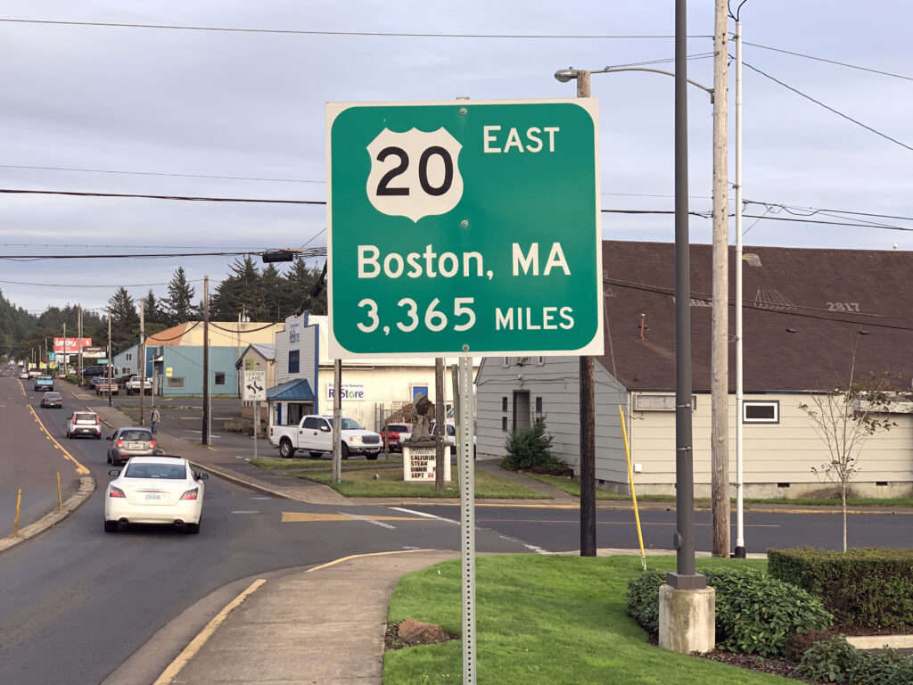 U.S. Route 20 East sign reading Boston, Massachusetts, 3.65 miles