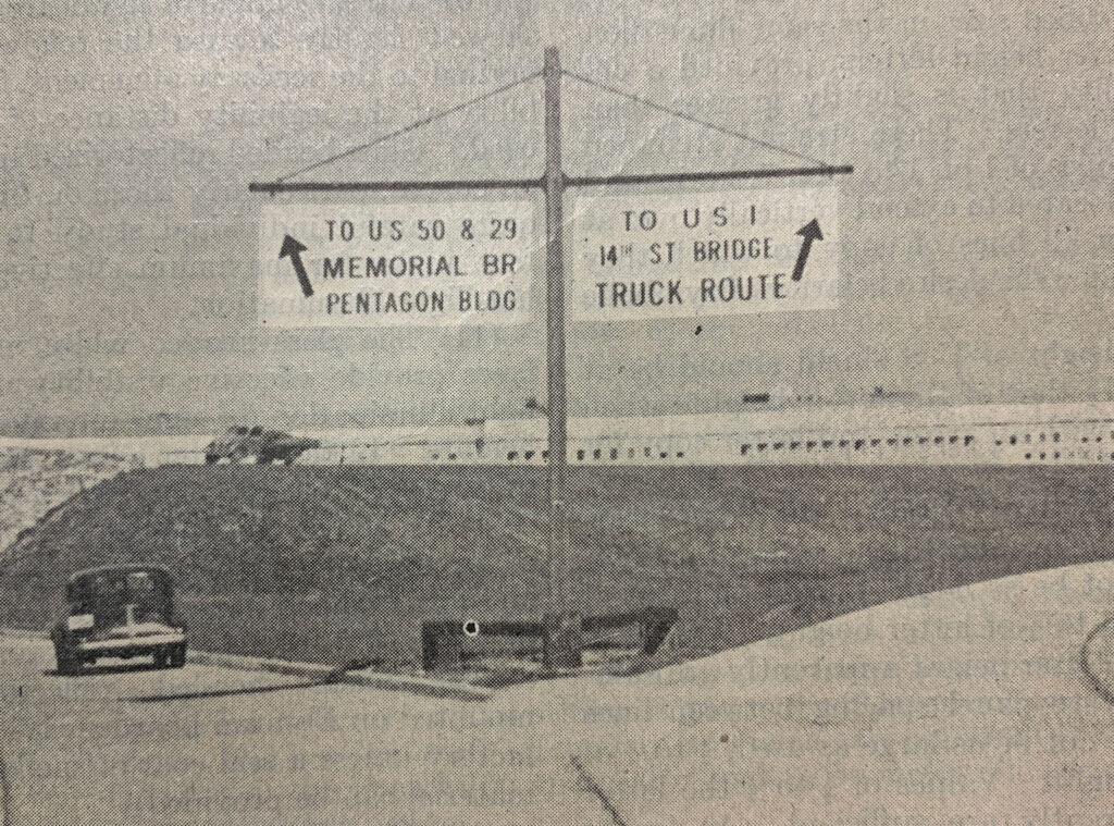 Archival photograph of overhead directional signs in the Pentagon Road Network study.