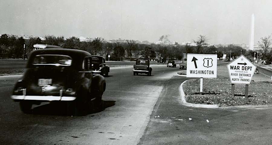 Black-and-white photograph of traffic approaching the Pentagon road network